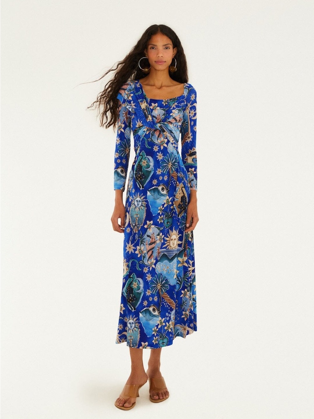 FARM RIO Blue Mystical Draped Long Sleeve Maxi Dress